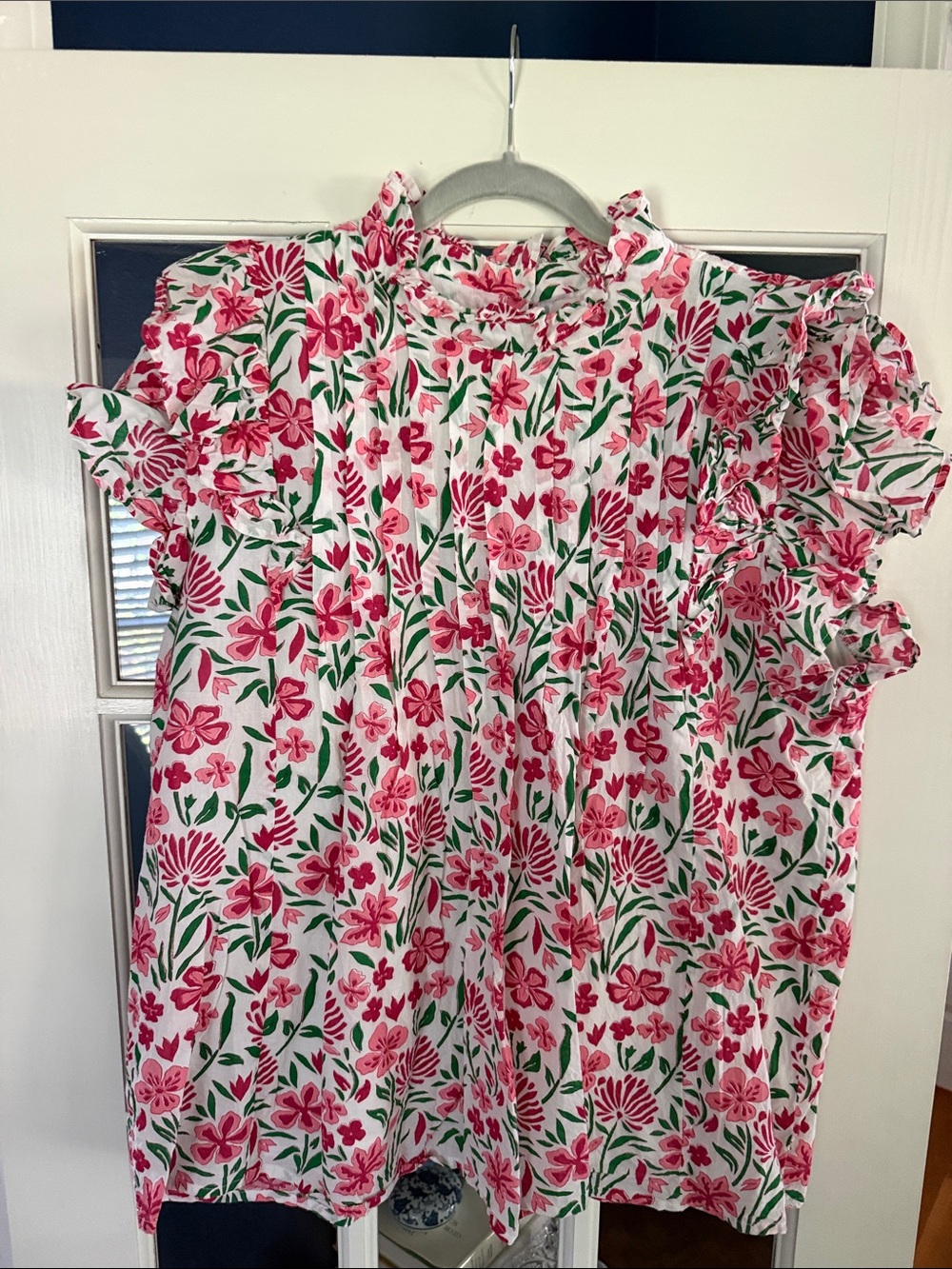 Victoria Dunn White Floral Ruffle Sleeve Top with Pink & Green Print